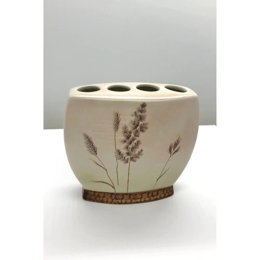 Hand Painted Ceramic Toothbrush Holder Wheat Botanical Farmhouse Decor 4 Slot